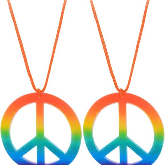 Colorful Love Peace Symbol Pendant Necklace Set Long Hippie Halloween Rainbow fo - Picture 1 of 2